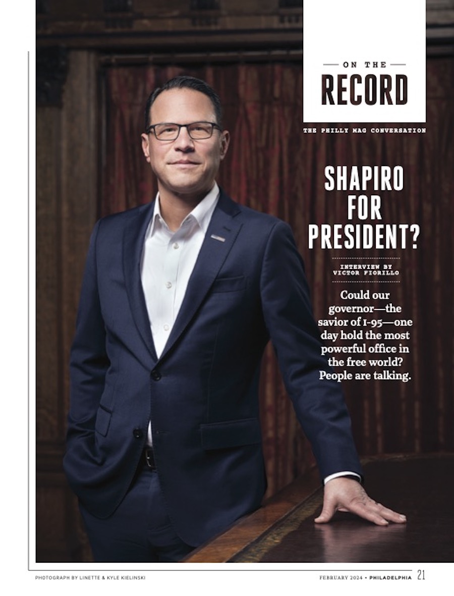 The opening page of our interview with Josh Shapiro, months before he became a possible Kamala Harris pick for vice-president