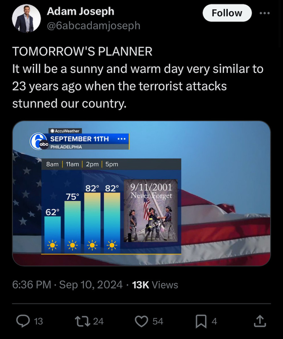 the bizarre 9/11 tweet from Adam Joseph of 6ABC