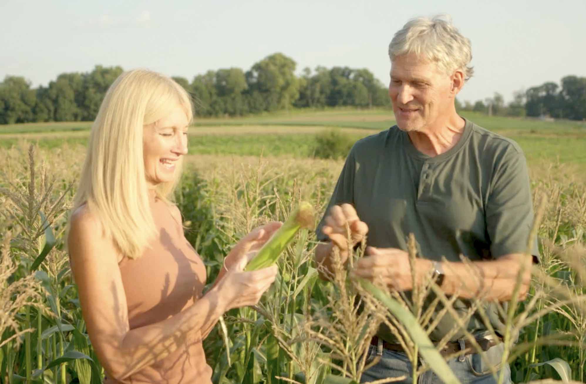 Kristina Chadwick Lange and Bob Lange on their farm, as seen in a Kamala Harris commercial (image via Kamala Harris for President)