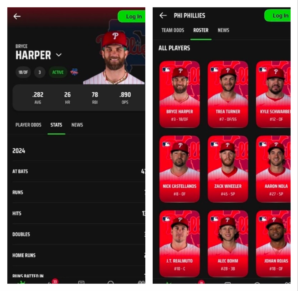 photos of Bryce Harper and other Phillies players found on the DraftKings app, the subject of a new federal lawsuit in Philadelphia