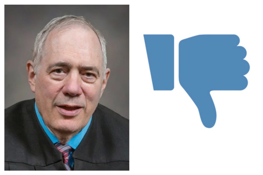 Philadelphia Judge Mark Cohen and a thumbs-down symbol inspired by Facebook