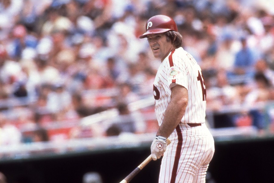 Pete Rose playing for the Phillies at Veterans Stadium in 1983