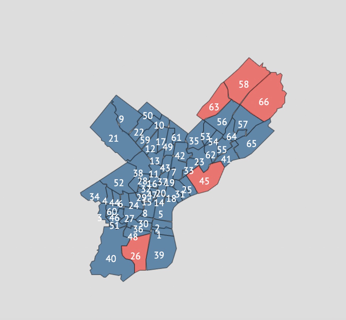 A map showing election results in Philadelphia