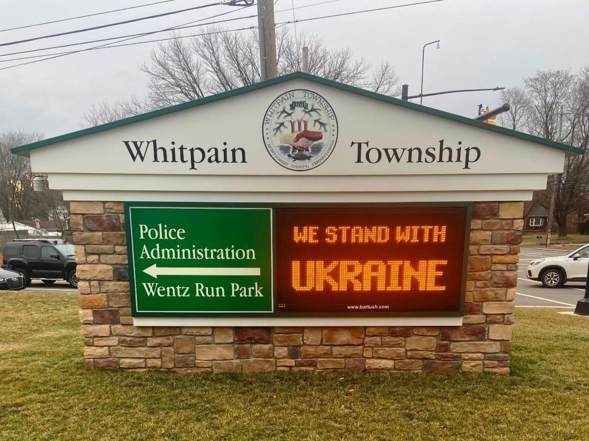 A municipal sign for Philadelphia suburb Whitpain Township, where a swastika flag has been on display