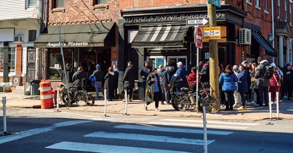 The line outside South Philadelphia's Angelo's Pizzeria, where people wait in line for hours for cheesesteaks. They'll expand to New Jersey next