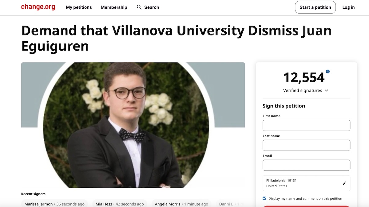 A Change.org petition to expel Villanova student Eguiguren, who took video of a sexual assault in a Villanova dorm room in 2022.