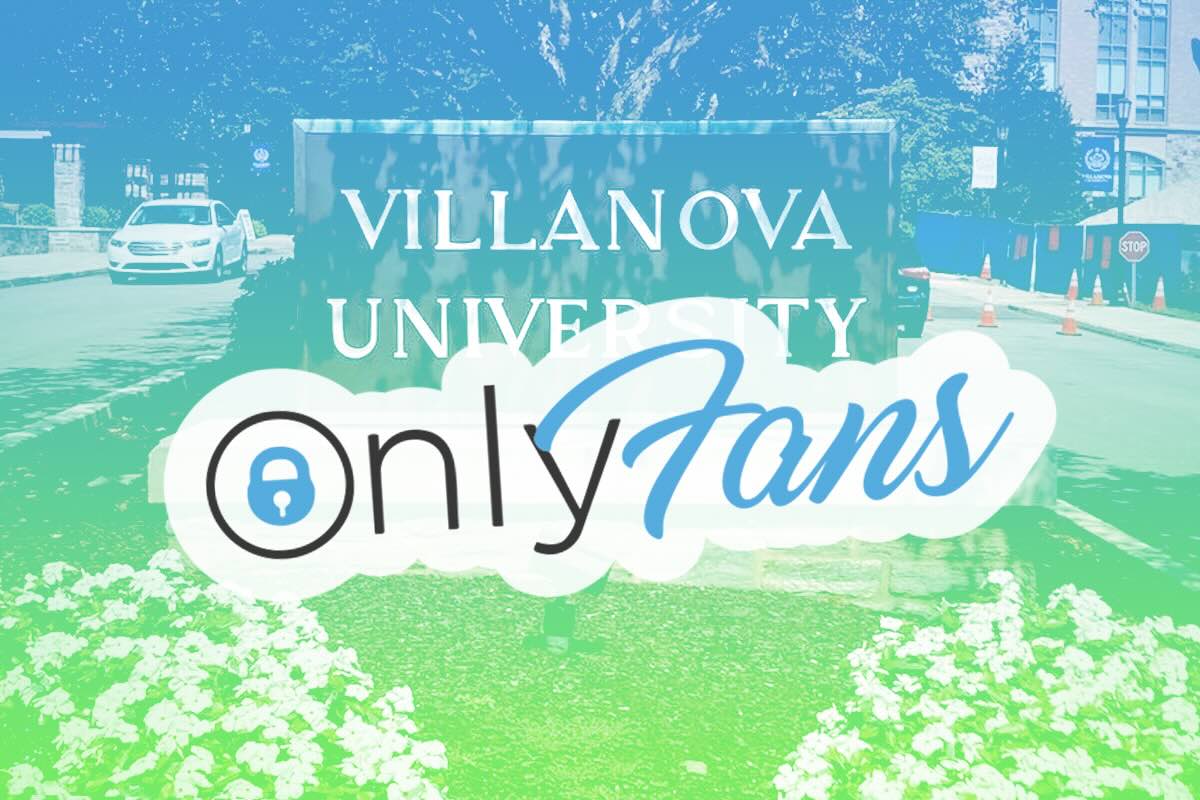 An OnlyFans logo superimposed on a sign at Villanova University, where a student sexually assaulted another student on video in 2022