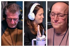 Preston & Steve cast members Preston Eliot, Kathy Romano, and Steve Morrison react to the news that Romano no longer works for WMMR (images via livestream embedded below)