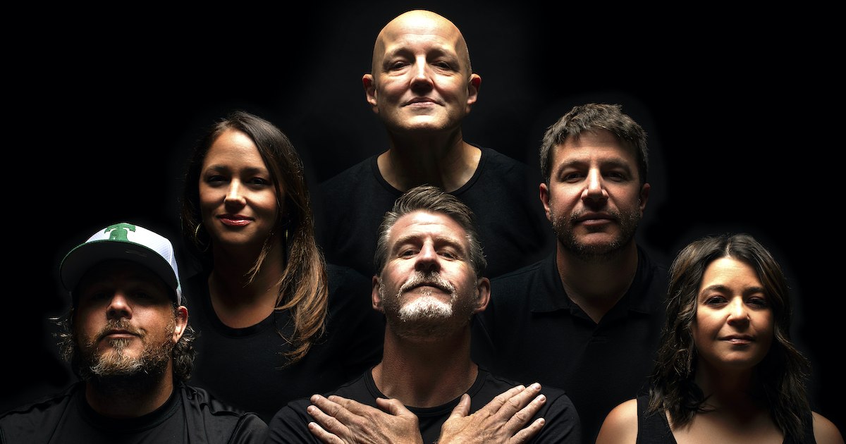 The Preston and Steve cast poses like Queen on the cover of Queen II. Clockwise from bottom left: Casey Boy, Kathy Romano, Steve Morrison, Nick McIlwain, Marisa Magnatta and Preston Elliot. (Photo by Linette & Kyle Kielinski, courtesy of Preston and Steve)