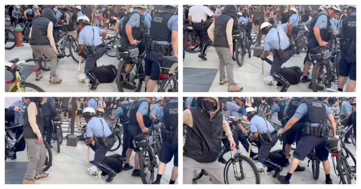 Screenshots from a video published on X by Philadelphia Inquirer reporter Samantha Melamed showing a Philadelphia police officer's knee on a protester's neck during an ICE protest in Philadelphia on Tuesday