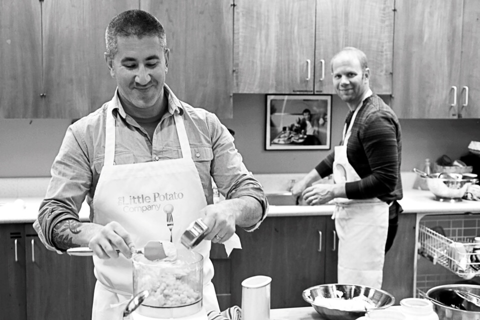 Michael Solomonov and Steve Cook making Zahav hummus from scratch in October 2015