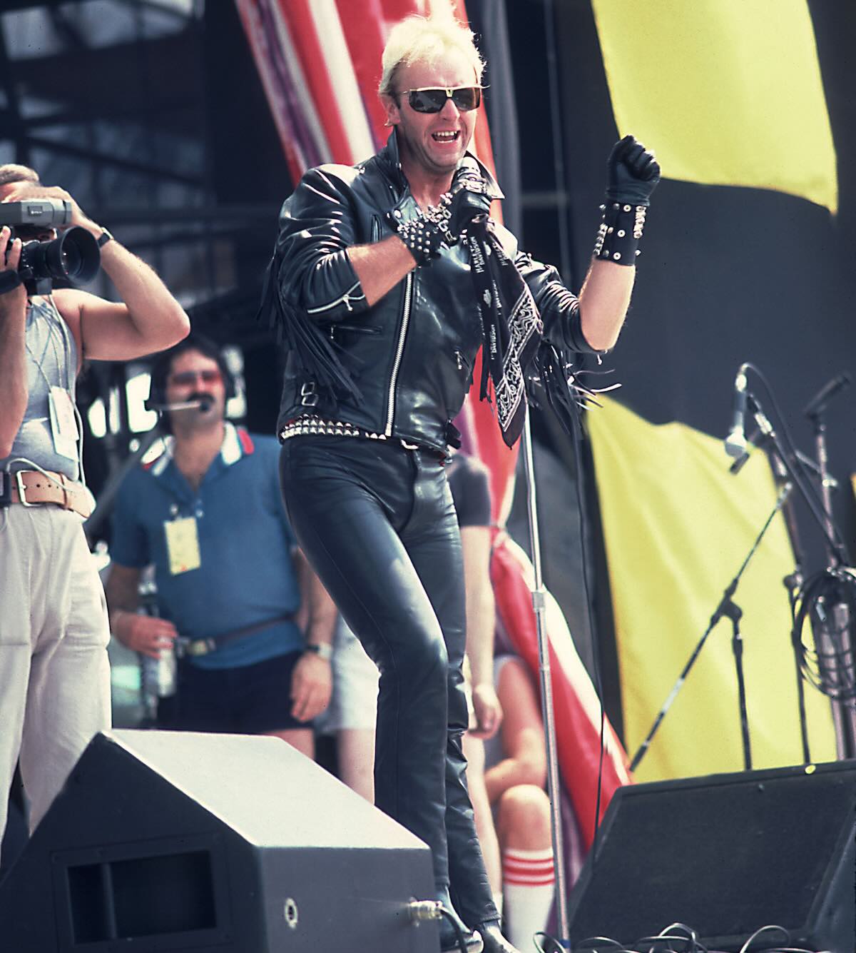 Rob Halford of Judas Priest sweats in the sun at JFK Stadium during Live Aid in Philadelphia (Getty Images)