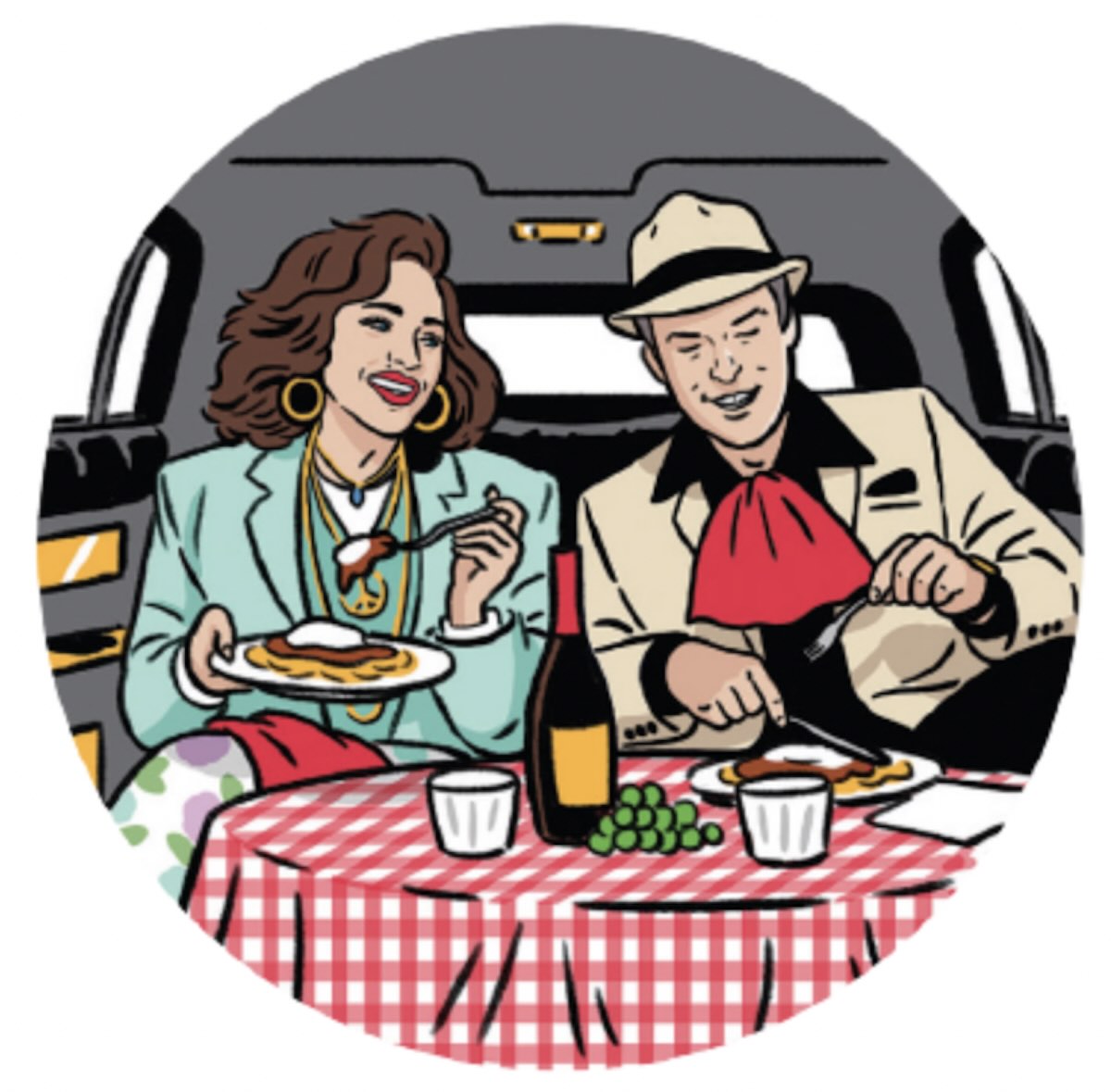 Artist Kyle Hilton imagines Madonna and Jerry Blavat chowing down on Italian food in a limo on the day of Live Aid