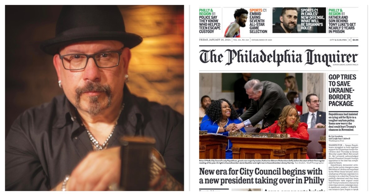 Left: Anthony Lucidonio Jr., aka cheesesteak maker Tony Luke Jr. (Photo provided.) Right: The front page of an Inquirer issue in which a story about Tony Luke's family members appeared.