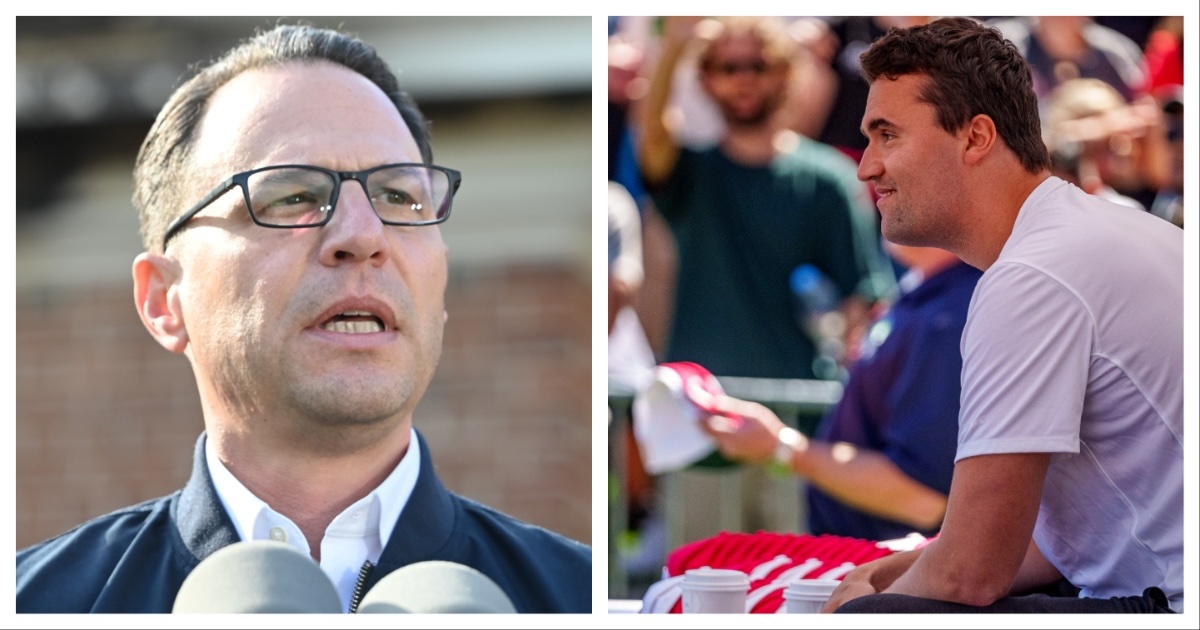 Left: Pennsylvania Governor Josh Shapiro at a press conference shortly after his official residence was targeted by an arsonist. Right: Charlie Kirk moments before he was shot in Utah.