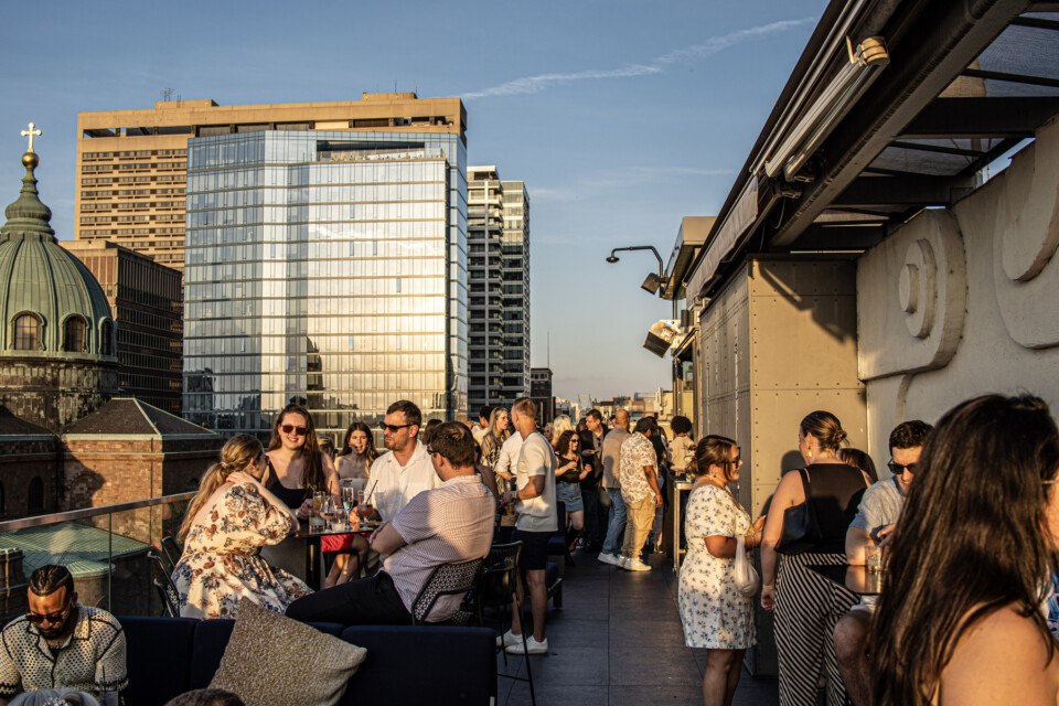 outdoor drinking dining rooftop bar