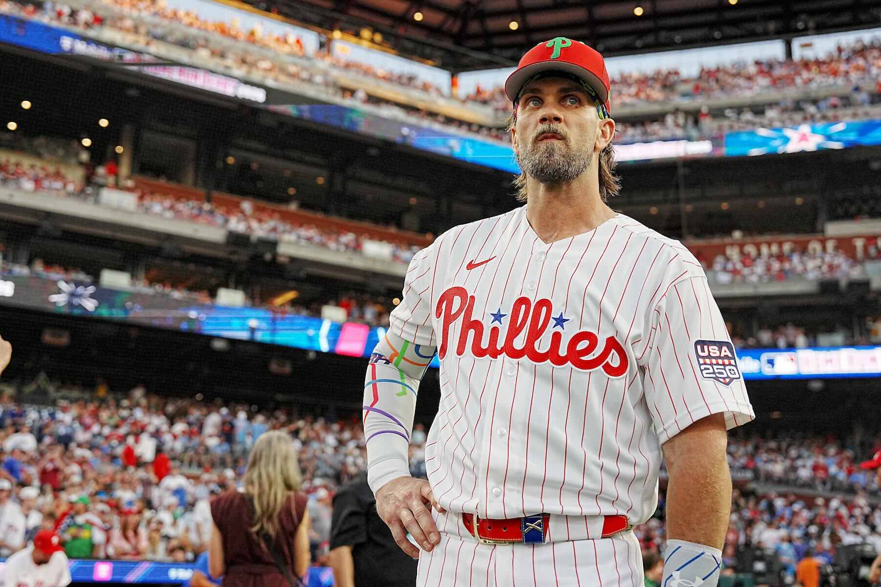 Bryce Harper at the Home-Run Derby in Philadelphia, the day before the All-Star Game, as a controversy swirls around him and the gambling app FanDuel, as covered by the Inquirer