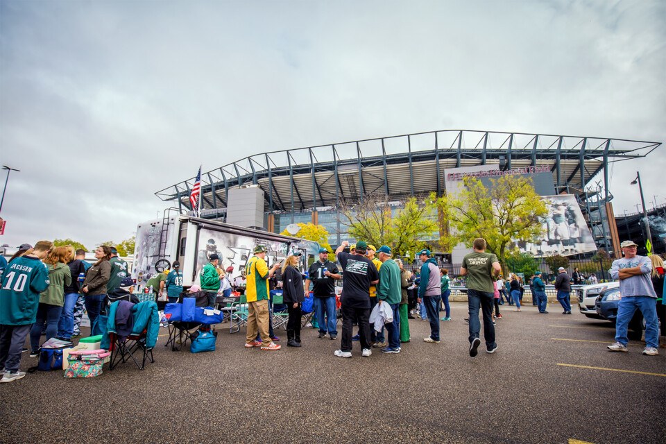 Eagles fans tailgating outside the Linc